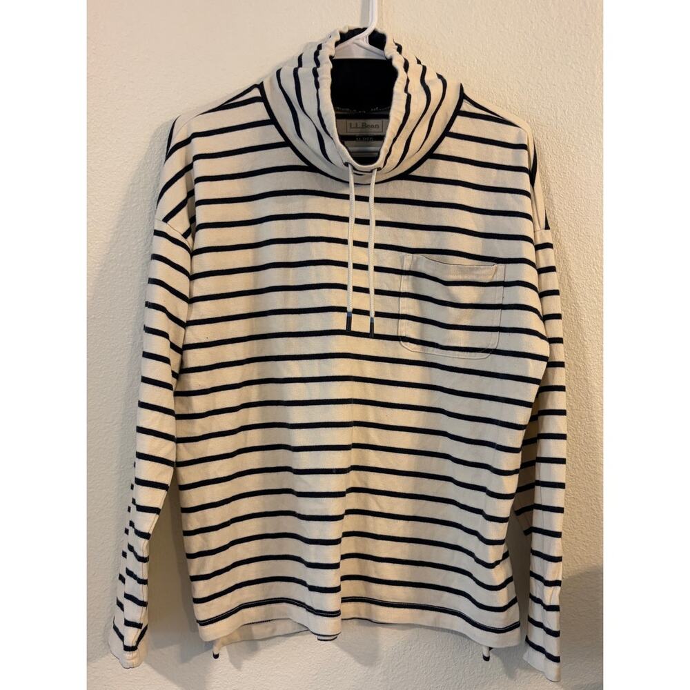 L.L.Bean Women’s Striped Cowl Neck Pullover Size M Regular Cream Navy Drawstring